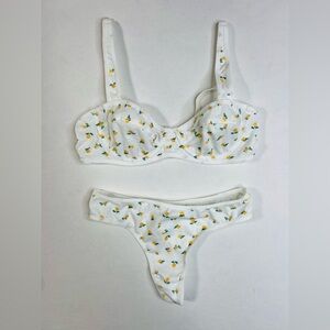 NWOT White and Yellow Floral Ribbed Lingerie Bra and Thong Set